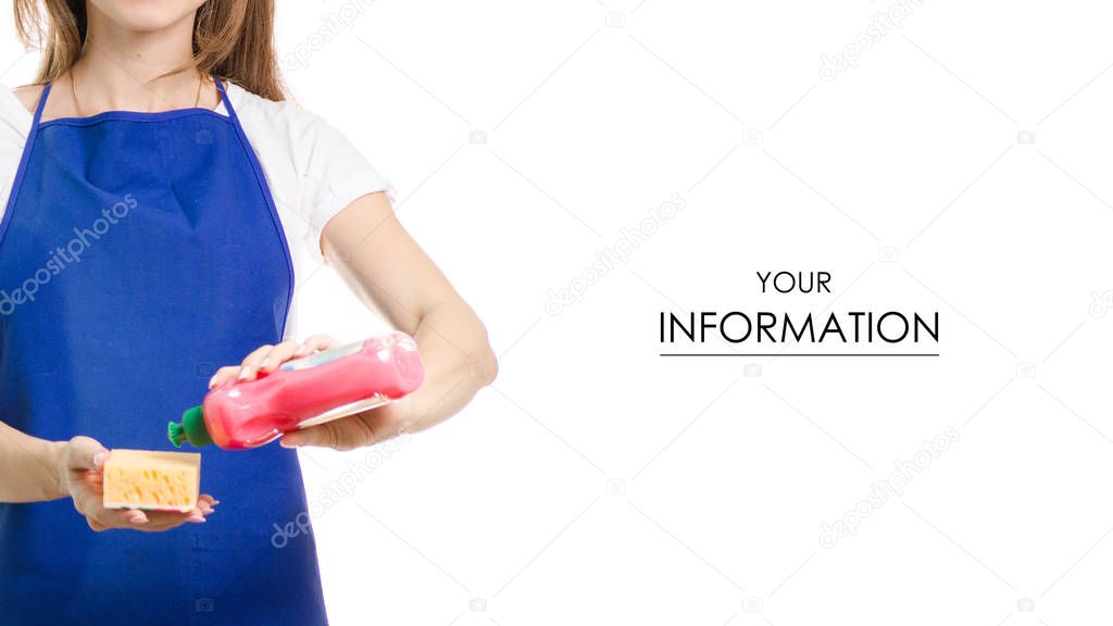 Beautiful woman in apron with cleanser and sponge pattern
