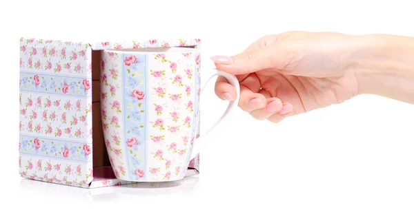 Csésze bögre vintage rózsaszín kék virág doboz a kezében — Stock Fotó
