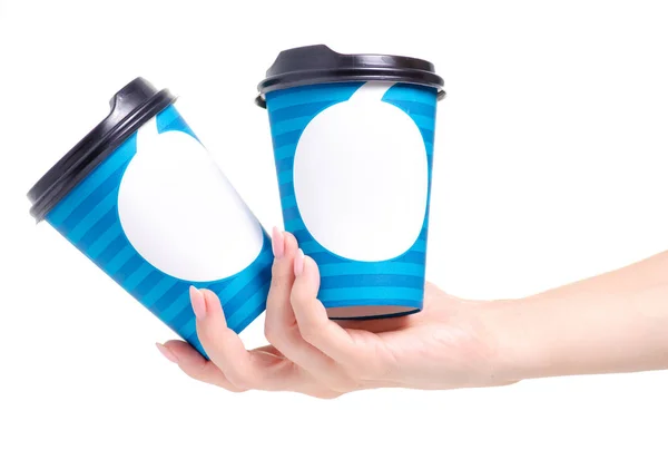 Blå två koppar med kaffe lock i hand — Stockfoto