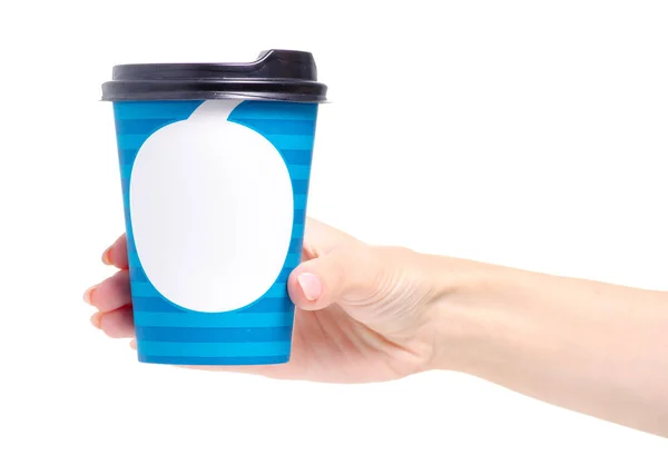 Kék a kezében a csésze kávé fedéllel — Stock Fotó