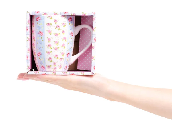 Tasse Becher Vintage rosa blau Blumenkasten in der Hand — Stockfoto