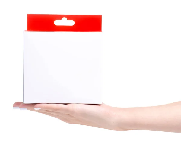 White box with red in hand — Stock Photo, Image