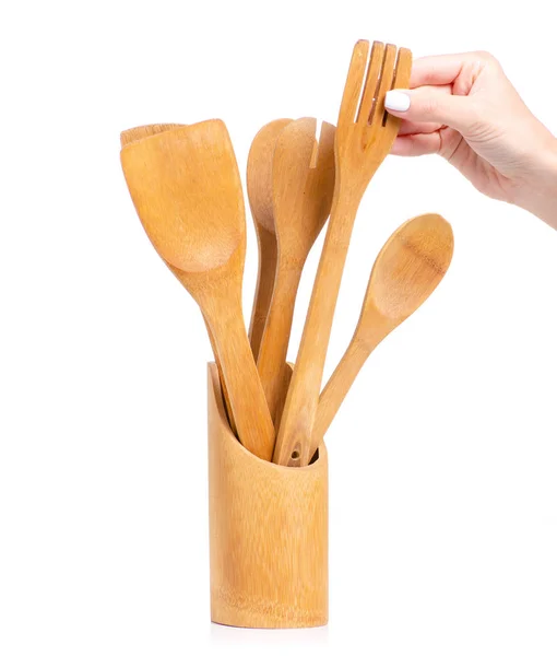 Fából készült konyhai eszközök a kéz — Stock Fotó