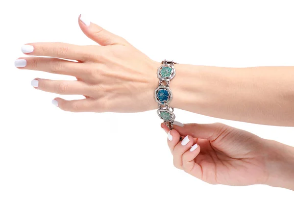 Bracelet stones jewerly bijouterie in hand — Φωτογραφία Αρχείου