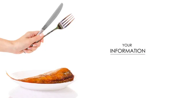 Smoked fish perch on white plate in hands fork and knife pattern — Stock Photo, Image