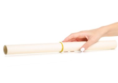 Beyaz arka plan yalıtımı hakkında elinde kağıt kaydırma