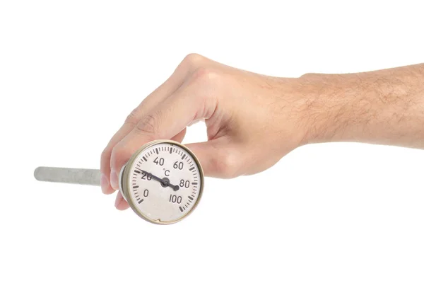 Металлический термометр в руке — стоковое фото