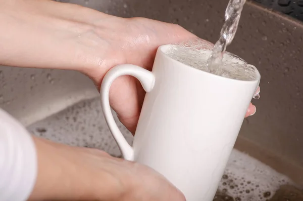 Esponja para lavar pratos caneca de xícara nas mãos — Fotografia de Stock