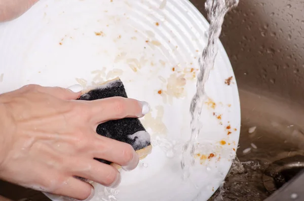 Sponge for washing dishes dish in hands — Stock Photo, Image