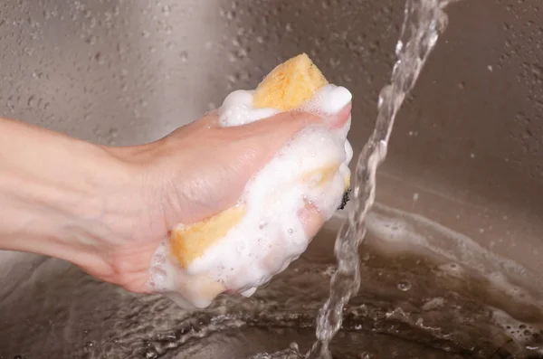 Spons voor het wassen van gebruiksvoorwerpen in de handen — Stockfoto