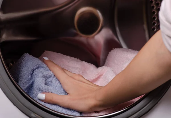 Washing machine drum clothes towels hand laundry — Stock Photo, Image