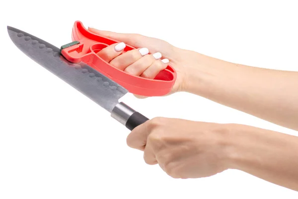 Knife sharpener kniv i hand — Stockfoto