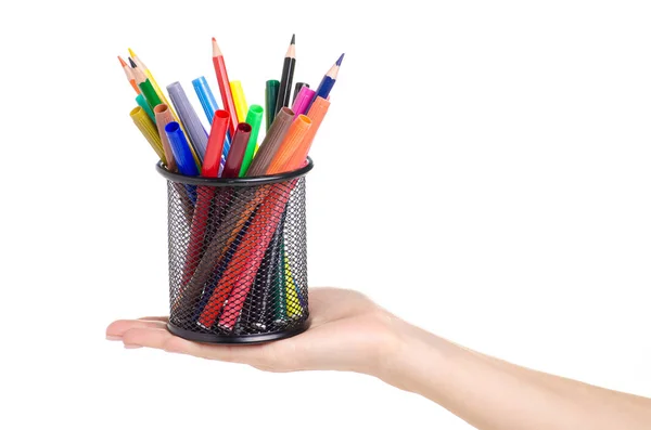 Support pour crayons crayons de couleur marqueurs à la main — Photo