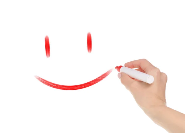 Hand red marker draws smiley — Stock Photo, Image