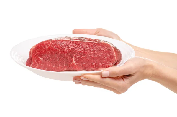 Βοδινό κρέας σε ένα πιάτο στο χέρι — Φωτογραφία Αρχείου