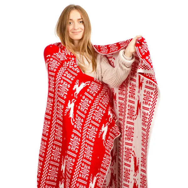 Krásná žena zimní kostkované deky — Stock fotografie