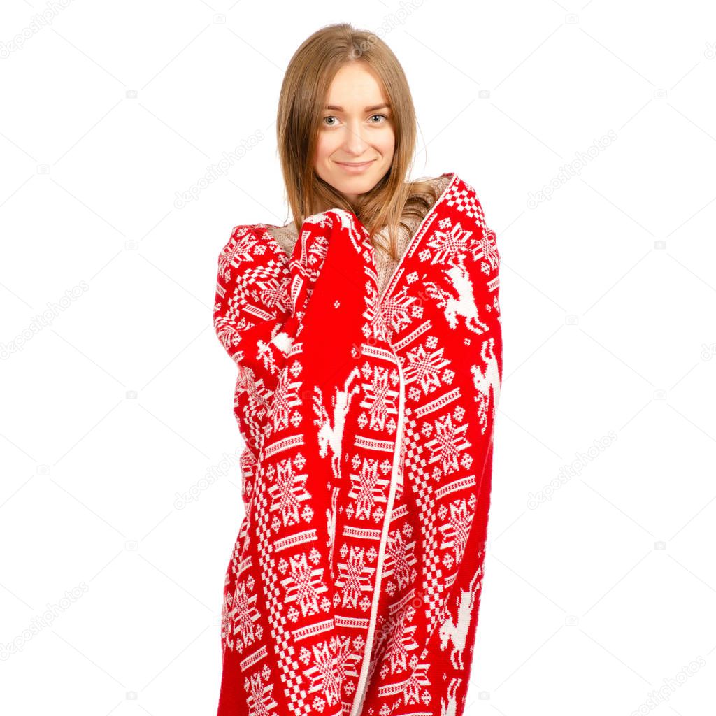 Beautiful woman winter plaid blanket