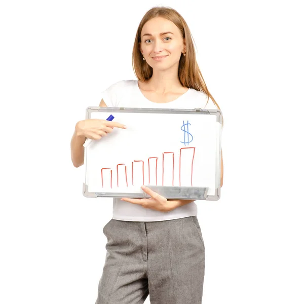 Schöne Frau in den Händen Whiteboard zeichnen Wachstumsgeld Dollar Chart-Geschäft — Stockfoto