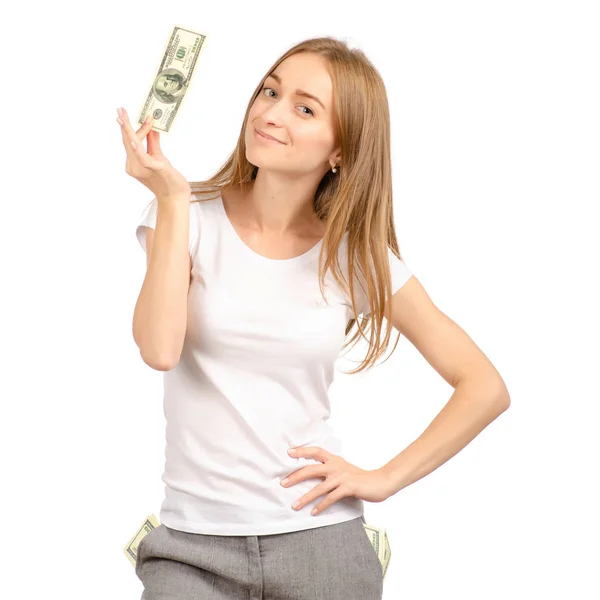 Beautiful woman in the hands of money dollars — Stock Photo, Image