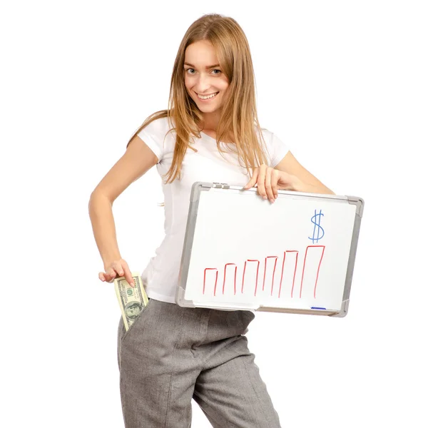 Schöne Frau in den Händen Whiteboard zeichnen Wachstumsgeld Dollar Chart-Geschäft — Stockfoto