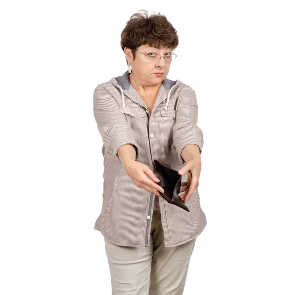 Beautiful woman aged with glasses an empty purse in hands — Stock Photo, Image