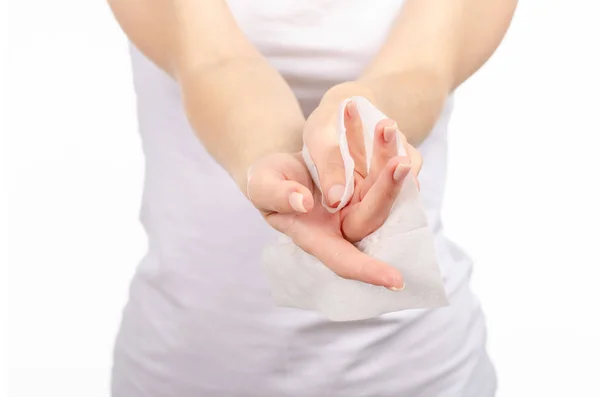 Beautiful young woman wet wipe in hand — Stock Photo, Image