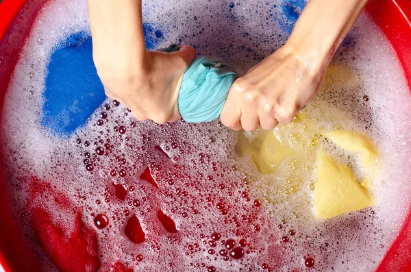 Women Washing Color Clothes Basin Enemale Powdered Detergent Top View — Stock Photo, Image