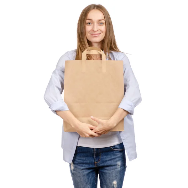 Mulher segurando um saco de papel beleza de compras — Fotografia de Stock