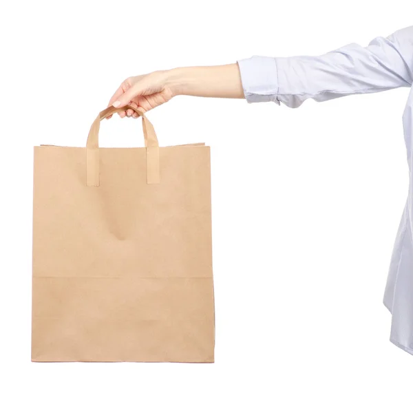 Mujer sosteniendo una bolsa de papel compras belleza — Foto de Stock