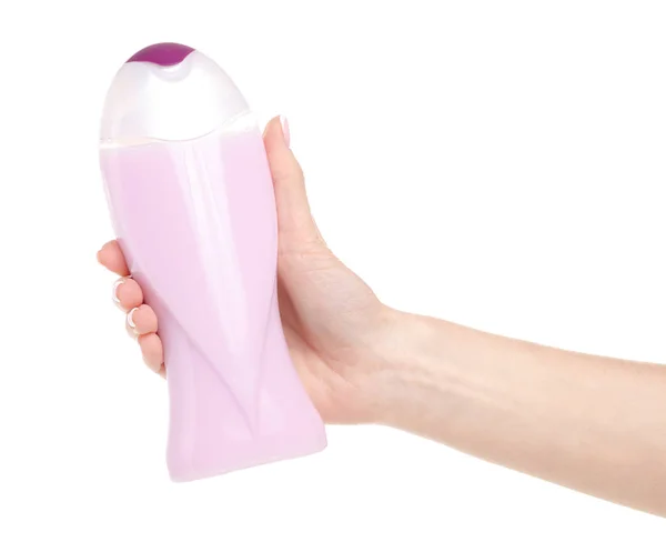 Gel de ducha de botella púrpura rosa en mano —  Fotos de Stock