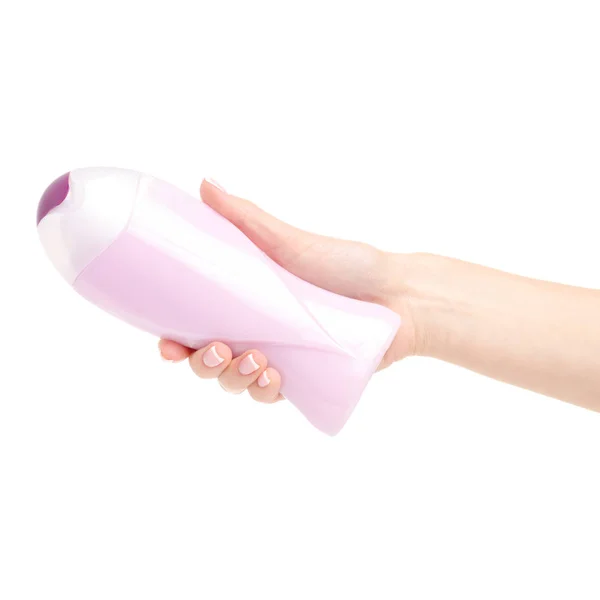 Gel de ducha de botella púrpura rosa en mano — Foto de Stock