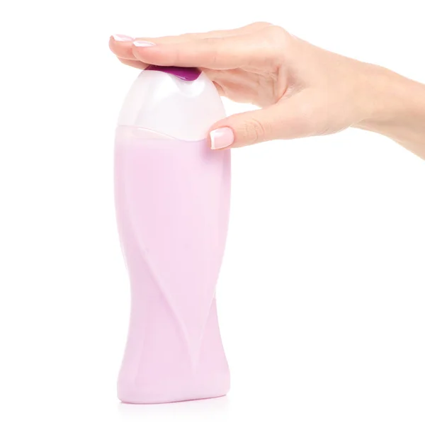 Rosa roxo garrafa chuveiro gel na mão — Fotografia de Stock