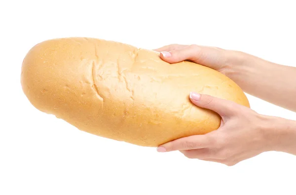Fehér kenyér élelmiszer a kezében — Stock Fotó