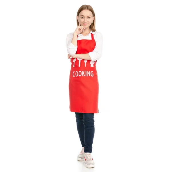Kadın kırmızı önlük pişirme — Stok fotoğraf