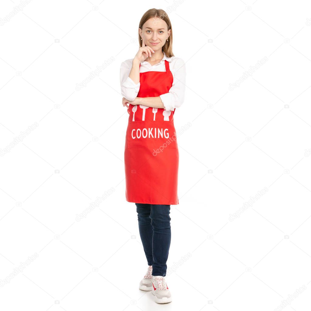 Woman in a red apron cooking