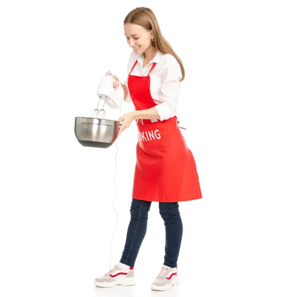 Una Mujer Delantal Rojo Las Manos Una Batidora Cocina Con —  Fotos de Stock