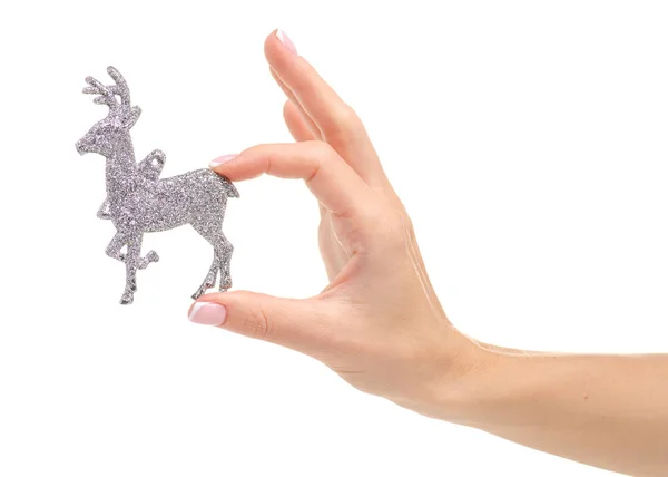 Juguete navideño ciervo plateado en mano — Foto de Stock