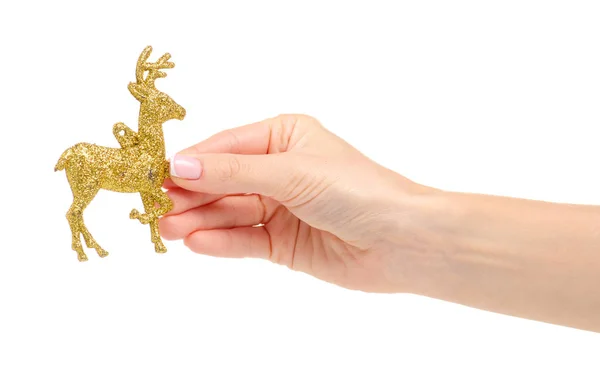 Juguete navideño ciervo de oro en mano — Foto de Stock