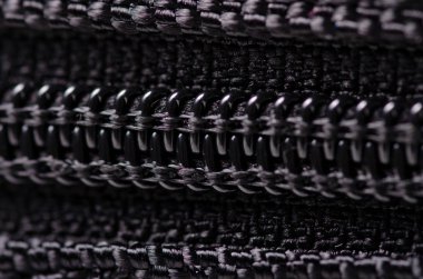 Siyah tekstil aksesuarları malzeme fermuar metal makro