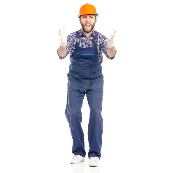 Jovem homem construtor indústria trabalhador hardhat mostrando gritos diz — Fotografia de Stock