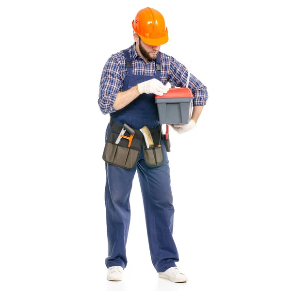 Jovem homem construtor com toolbox indústria trabalhador hardhat — Fotografia de Stock