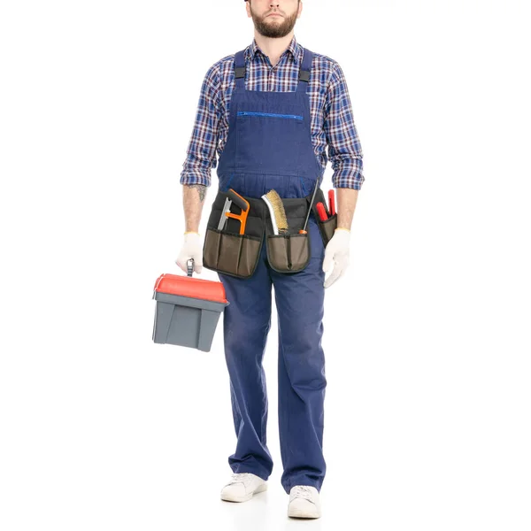 Young man builder with toolbox industry worker hardhat coming going — Stock Photo, Image