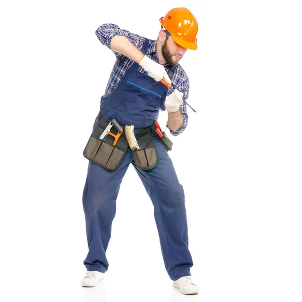 Ung man builder med toolbelt skruvmejsel industri arbetare hardhat — Stockfoto