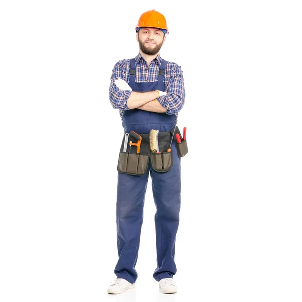 Constructor de hombre joven con hardhat trabajador de la industria de la correa de herramientas —  Fotos de Stock