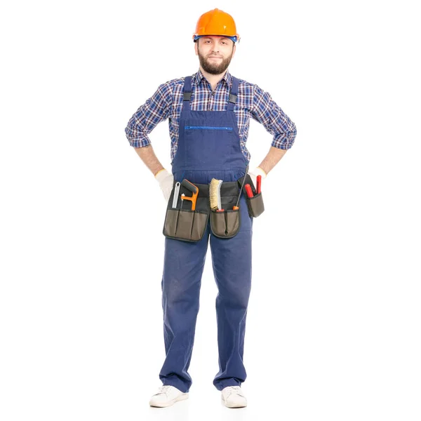 Jovem homem construtor com toolbelt indústria trabalhador hardhat — Fotografia de Stock