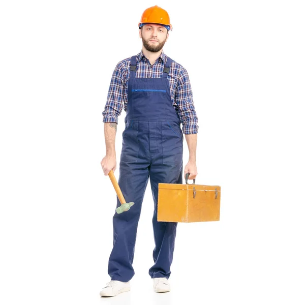 Jovem homem construtor com caixa de ferramentas martelo indústria trabalhador hardhat — Fotografia de Stock