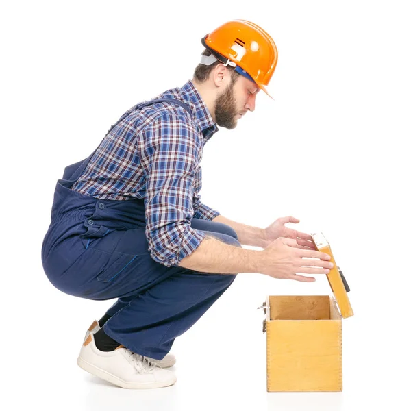 Giovane uomo costruttore con cassetta degli attrezzi industria lavoratore hardhat — Foto Stock