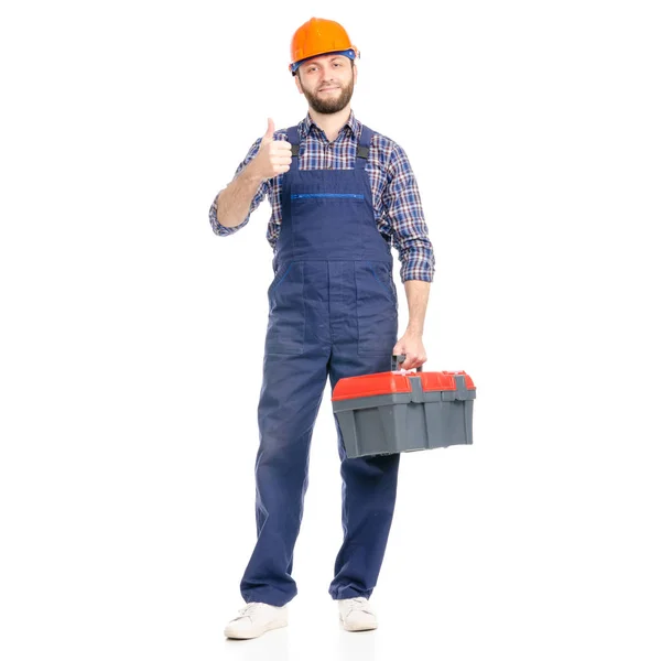 Jonge man bouwer met toolbox industrie werknemer veiligheidshelm goed oke — Stockfoto