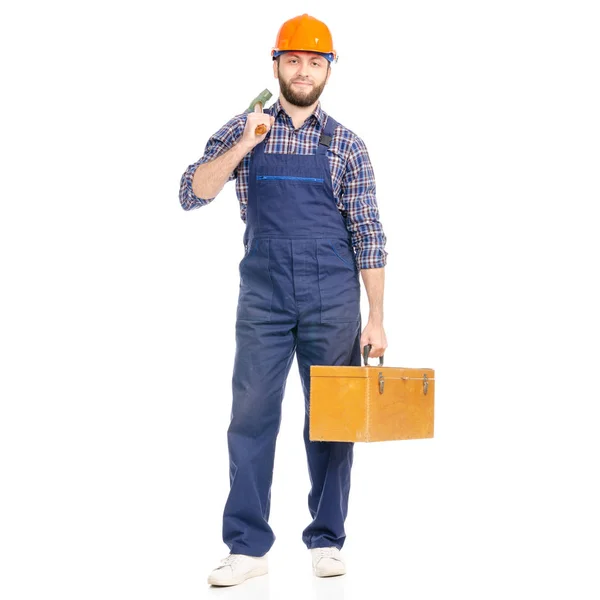 Young man builder with toolbox hammer industry worker hardhat — Stock Photo, Image