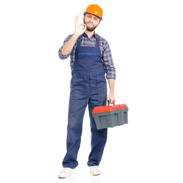 Junger Mann Bauarbeiter mit Werkzeugkiste Industriearbeiter Hardhat gut okay — Stockfoto